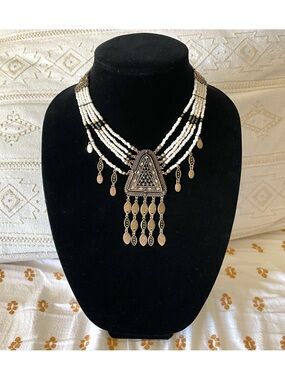 NWOT Free People Boho Beaded Statement Necklace with Antique Gold Pendant